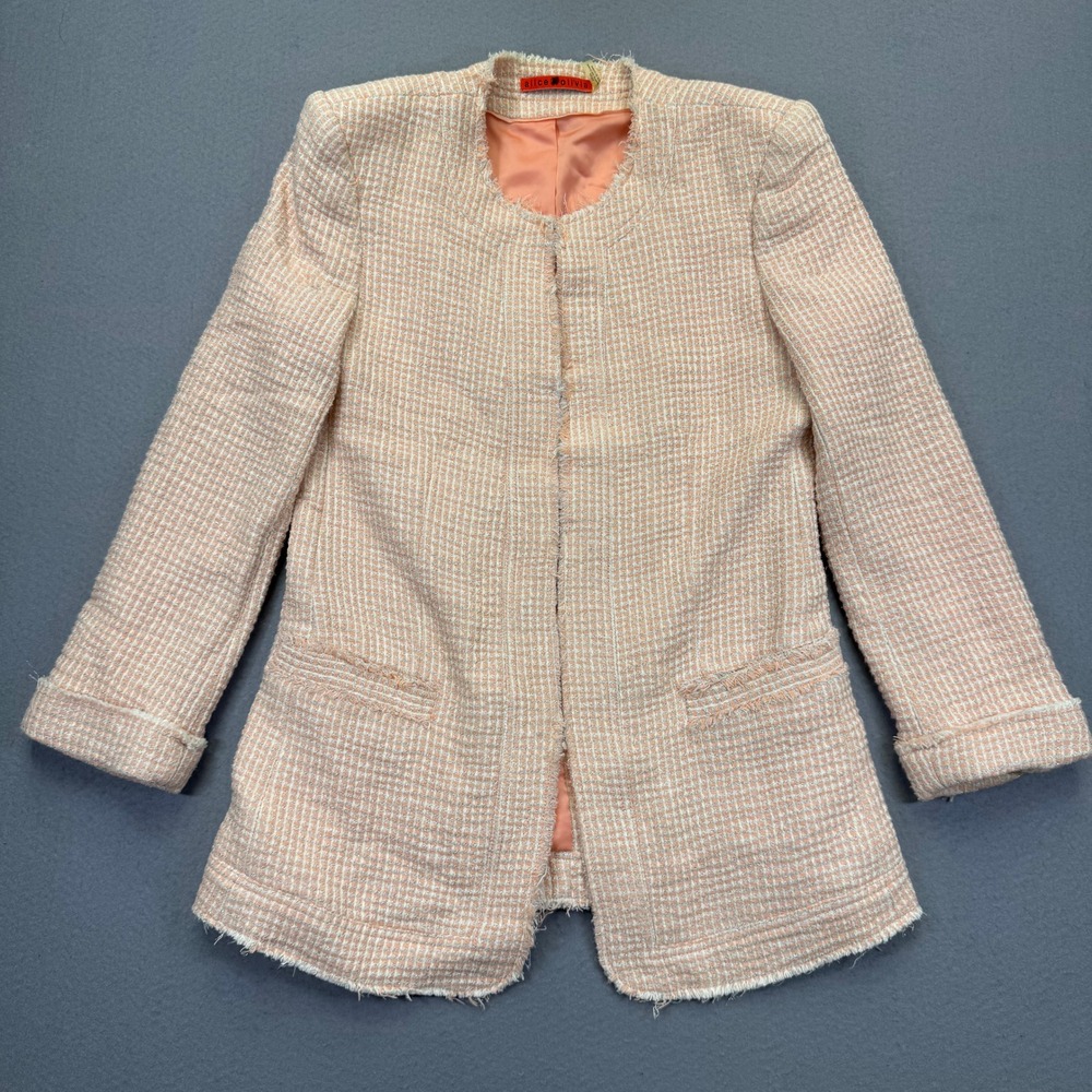 Alice + Olivia Pink White Tweed Metallic Open Front Blazer Jacket C303238445 XS